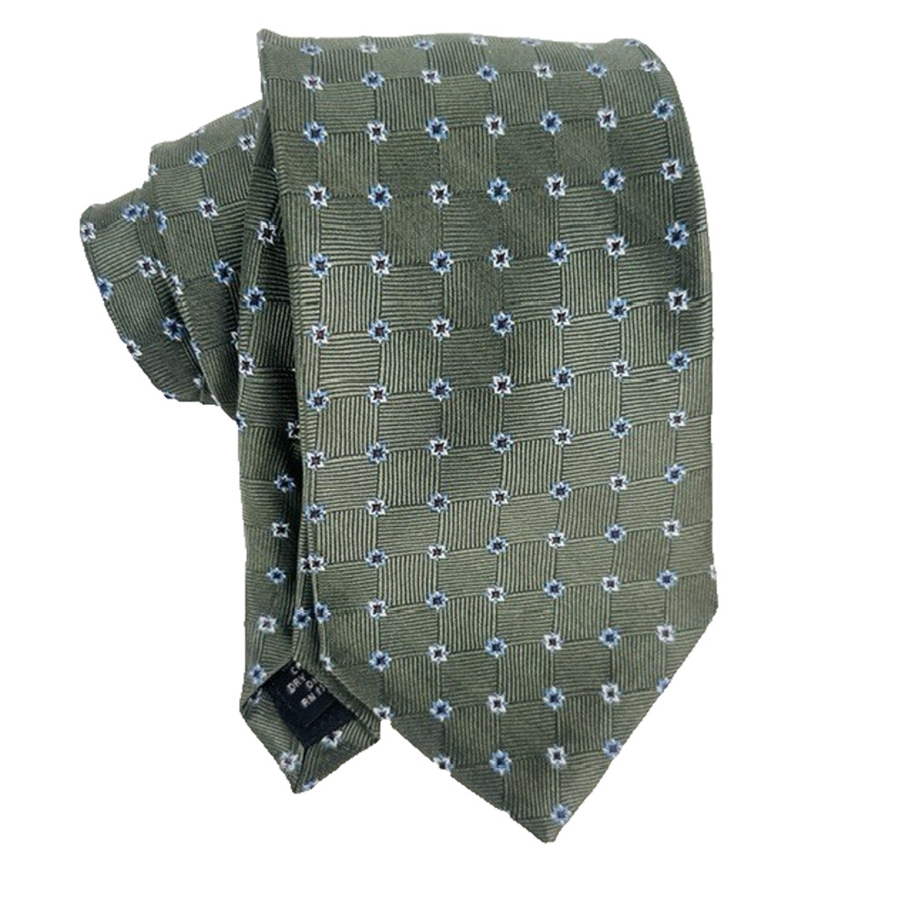 George Necktie Olive Green w/Blue/white Stars Geometric All Silk Preppy Business
